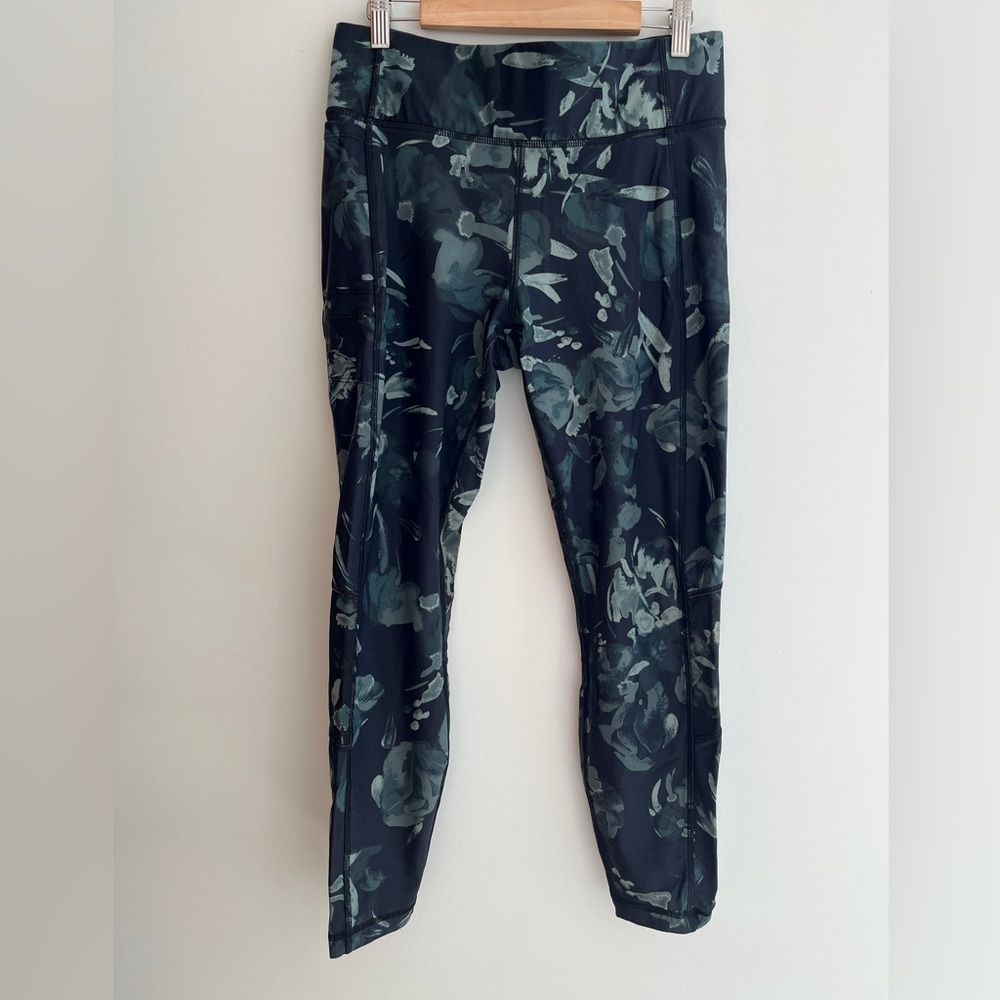 LOLE Burst Ankle Leggings Side Pocket Green Black Abstract Floral Pattern Gym